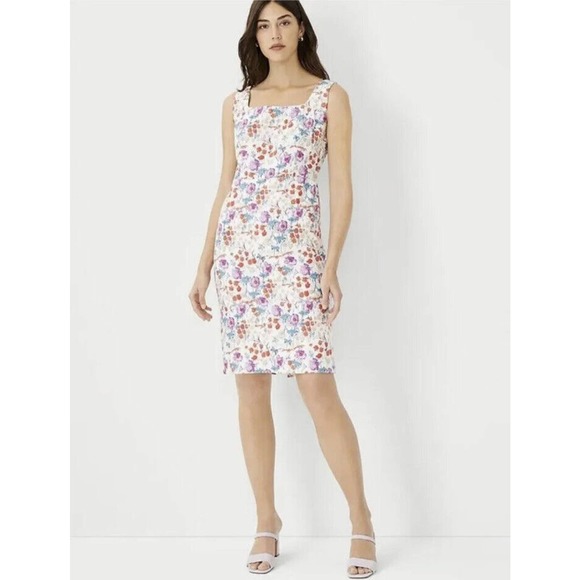 Ann Taylor Dresses & Skirts - Ann Taylor Cream Floral Square Neck Sleeveless Sheath Dress Sz 6